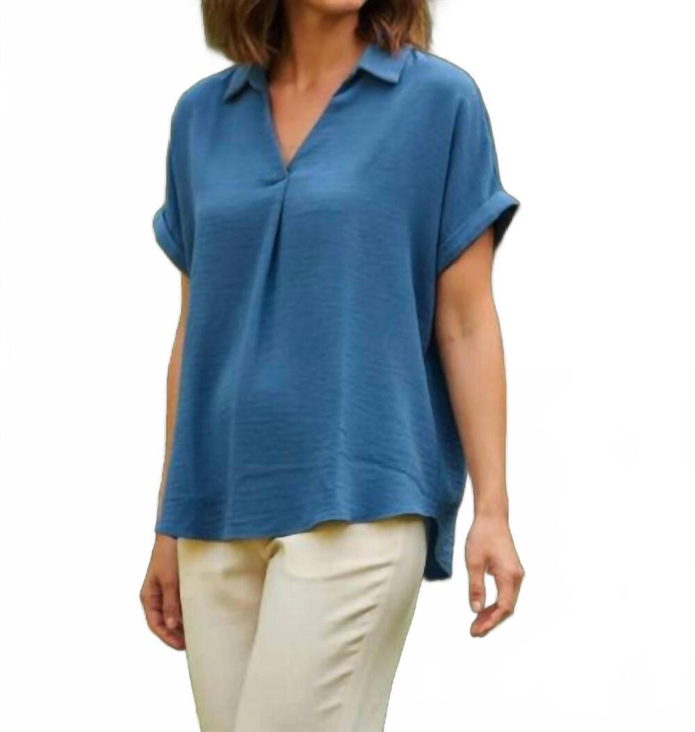 NEW SHE + SKY drop shoulder collared woven top in dusty blue
